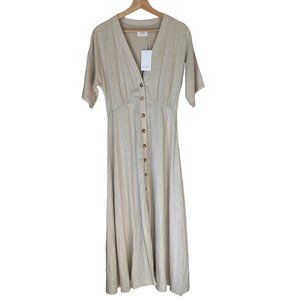 Girl InThe Sun New Neutral Button Front Linen Blend Lined Maxi Deep V Neck Dress